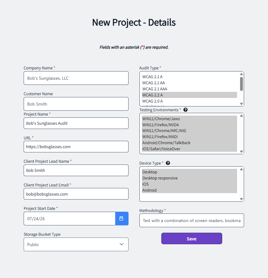 New Project Details form in Zenyth Audit. Text fields collect company, customer, and project names, the site URL, client project lead name and email, and project start date, with a dropdown for storage bucket type. Multi-select lists cover conformance target, testing environments, and device types, followed by a methodology field and a Save button.